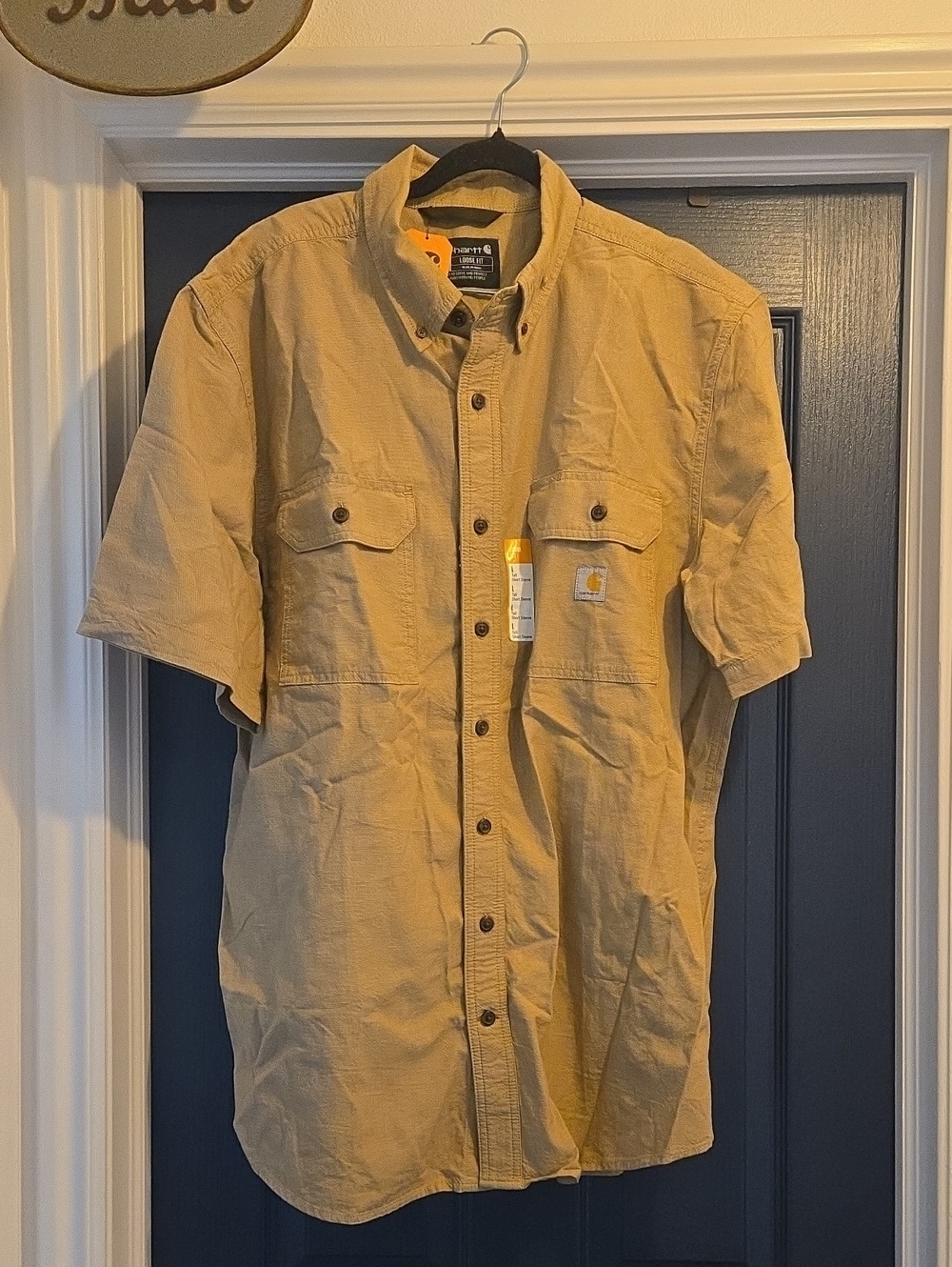 Large TALL Carhartt Men's Short Sleeve Button-Down Shirt in Khaki/Tan